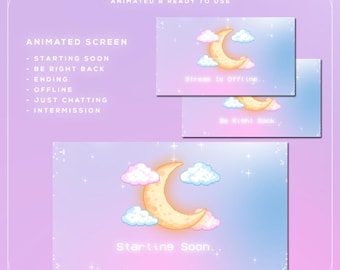 8 geanimeerde streamschermen met gezellige pixelhemel | Binnenkort BRB offline achtergronden | Lofi Moon Cloud OverlayOBS