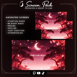 Puede incluir: Un paquete de arte digital con pantallas animadas para streaming. Las pantallas tienen un esquema de color rojo y rosa con una luna creciente, árboles y estrellas. El texto incluye "Starting Soon", "Be Right Back" y "Stream is Offline."