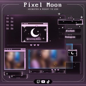 May include: A digital streaming overlay set titled Pixel Moon, featuring a dark purple aesthetic with pixelated moon and star graphics. Includes various window frames, social media buttons for Facebook and Instagram, and icons for Twitch, YouTube, and TikTok.