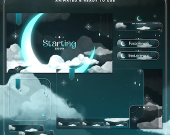 May include: A digital stream pack with a celestial theme. The design features a glowing crescent moon, clouds, and stars against a dark teal background. Includes animated elements and social media buttons for Facebook and Instagram. Text reads "Stream Pack" and "Starting Soon."