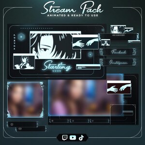 Puede incluir: Un paquete de transmisión digital con un fondo azul oscuro y acentos azul neón. El paquete incluye superposiciones animadas, botones de redes sociales y gráficos de estilo anime. El texto incluye "Stream Pack" y "Starting Soon."