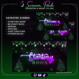 Könnte beinhalten: Ein digitales Bildschirm-Paket mit animierten Bildschirmen für Streaming. Die Bildschirme haben ein Weihnachtsthema mit neon-grünen und rosa Texten und Grafiken. Texte sind "Starting Soon", "Offline" und "Be Right Back". Das Paket ist animiert und einsatzbereit.