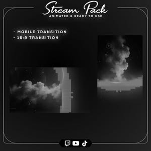 May include: A black and white graphic promoting "Stream Pack" animated transitions. The image features cloud-like animations and text indicating mobile and 16:9 transition options. Social media icons are at the bottom.
