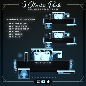 Op de afbeelding: Een digitaal grafisch pakket met een donkerblauwe achtergrond en lichtblauwe accenten. De tekst luidt "6 Alerts Pack" en "Animated & Ready to Use". Het pakket bevat geanimeerde schermen voor nieuwe donaties, volgers, abonnees, hosts, cheers en raids. Anime-stijl illustraties.