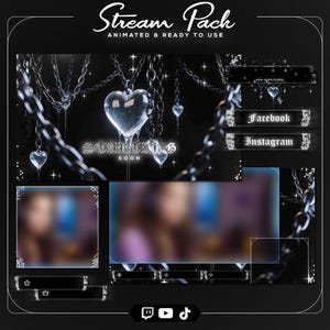 Puede incluir: Un paquete de superposición de transmisión con temática oscura con elementos animados. El diseño presenta cadenas, colgantes en forma de corazón y el texto "Stream Pack" y "Starting Soon". Incluye botones de redes sociales para Facebook e Instagram.