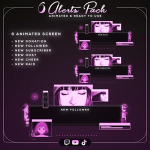 May include: A digital graphic design featuring animated screens for streaming alerts. The design includes text that reads "6 Alerts Pack" and "Animated & Ready to Use." The alerts include "New Donation," "New Follower," and "New Subscriber." The color scheme is primarily purple and white.