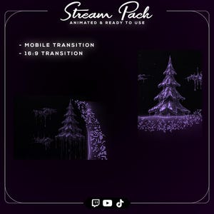 May include: A digital graphic with a dark purple background features a stylized purple Christmas tree and other animated elements. Text at the top reads "Stream Pack" and "Animated & Ready to Use." Additional text indicates "Mobile Transition" and "16:9 Transition."