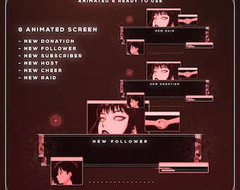 Alertas animadas de anime rojo para Twitch, 6 alertas de transmisión WEBM para OBS Streamlabs Kick YouTube VTuber