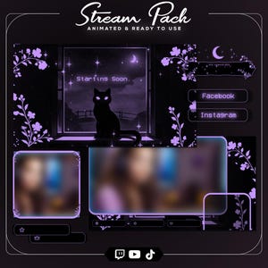 Peut inclure: Un pack de stream numérique avec une silhouette de chat noir, une scène de fenêtre et des accents floraux violets et blancs. Comprend des boutons de médias sociaux et un écran "Starting Soon". Le texte "Stream Pack" est en haut.