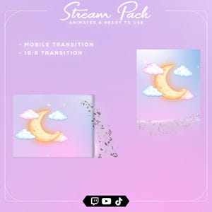 May include: Animated Stream Pack graphic featuring a crescent moon, clouds, and stars. Text includes "Stream Pack" and "Animated & Ready to Use." Offers mobile and 16:9 transition options. The design uses soft pastel colours of pink, blue, and yellow.