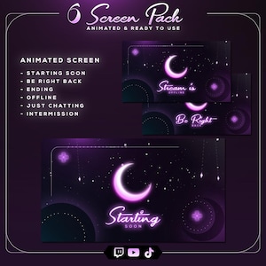 May include: A digital screen pack with animated screens for streaming. The screens feature a dark purple background with a crescent moon and stars. Text includes "Starting Soon", "Be Right Back", and "Stream is Offline". Includes social media icons.