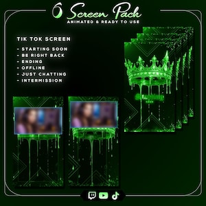 Puede incluir: Un paquete de pantallas verdes con diseños animados para TikTok. El paquete incluye seis pantallas con un diseño de corona y texto. Las pantallas están etiquetadas con frases como "Starting Soon" y "Be Right Back". El fondo es verde oscuro.