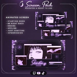 May include: A purple screen pack with animated screens for streaming. The pack includes screens for "Starting Soon", "Be Right Back", "Ending", "Offline", "Just Chatting", and "Intermission". Each screen features anime-style illustrations and text.