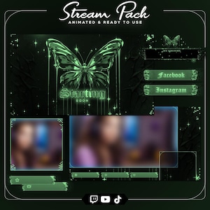 May include: A digital stream pack with a dark green theme. The design features a glowing butterfly, the words "Starting Soon", and social media buttons. The pack is animated and ready to use.