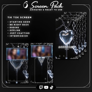 Puede incluir: Diseño gráfico negro con un colgante en forma de corazón con detalles de goteo y cadenas. El texto dice "6 Screen Pack" y "Animated & Ready to Use". Texto adicional incluye "TikTok Screen" y varias opciones de estado como "Starting Soon" y "Be Right Back".
