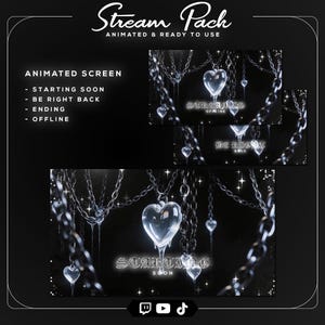 Silver chrome heart stream overlay package for Twitch, Kick, YouTube Gaming, OBS Studio, and Streamlabs with animated Y2K visuals.