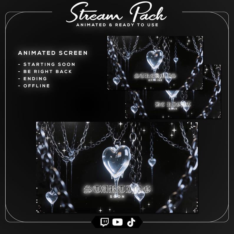 Silver chrome heart stream overlay package for Twitch, Kick, YouTube Gaming, OBS Studio, and Streamlabs with animated Y2K visuals.