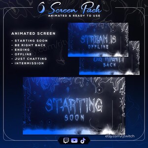 May include: A dark blue graphic design for a streaming screen pack. The text includes "Starting Soon", "Stream is Offline", and "Be Right Back". The design features a neon blue outline and a topographic map pattern. The Etsy shop URL is visible.