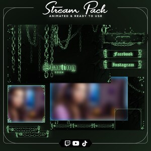 Może przedstawiać: Ciemnozielony animowany pakiet strumieniowy z tekstem "Stream Pack" i "Animated & Ready to Use". Pakiet zawiera przyciski mediów społecznościowych dla Facebooka i Instagrama oraz ekran "Starting Soon".