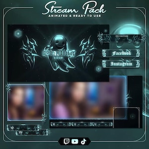 May include: A digital stream pack in dark teal and black. It features animated overlays, a 'Starting Soon' screen with a ghost design, and social media buttons for Facebook and Instagram. The design has a futuristic, ethereal aesthetic, suitable for online content creators.