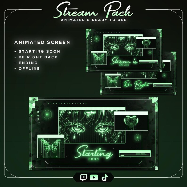 Kick Visuals Animated Green Anime Stream Overlay Pack, Kawaii Twitch Overlay ...