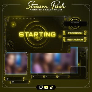 May include: A digital stream pack featuring a dark theme with glowing yellow accents. It includes a main overlay with the text STARTING SOON, social media panels for Facebook and Instagram, a subscriber box, and icons for Twitch, YouTube, and TikTok.