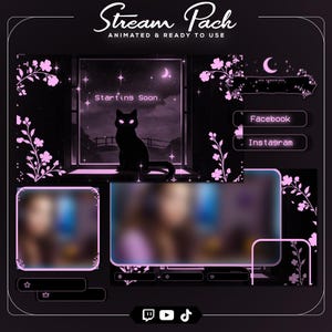 May include: A black and pink animated stream pack design. The design includes a window scene with a black cat, floral accents, and social media buttons. Text includes "Stream Pack", "Animated & Ready to Use", and "Starting Soon."