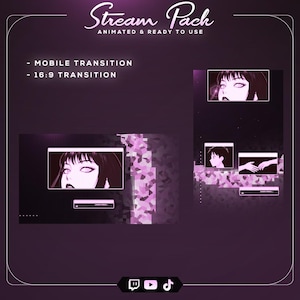 Puede incluir: Gráfico digital con fondo morado oscuro. El texto "Stream Pack" está en la parte superior. La imagen incluye transiciones animadas para móvil y 16:9, con ilustraciones de estilo anime e iconos de redes sociales en la parte inferior.