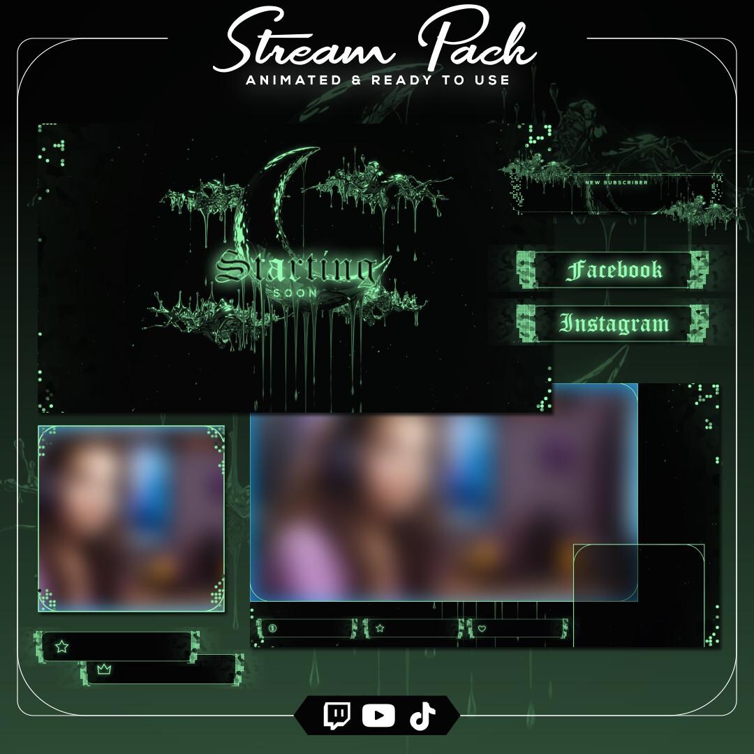 Green Liquid Chrome Stream Overlay Bundle | Dark Bio Goth Twitch Pack ...
