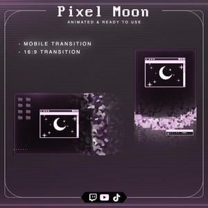 May include: A digital graphic set titled Pixel Moon featuring animated transitions for mobile and 16:9 screens. The design displays a dark purple background with pixelated moon and star icons, window frames, and a geometric pattern overlay.