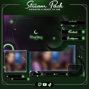 Może przedstawiać: Cyfrowy pakiet streamingu w ciemnozielonej i fioletowej kolorystyce. Projekt zawiera animowane elementy, tekst "Stream Pack" i "Starting" oraz ikony mediów społecznościowych. Ogólny motyw jest nowoczesny i skoncentrowany na technologii.