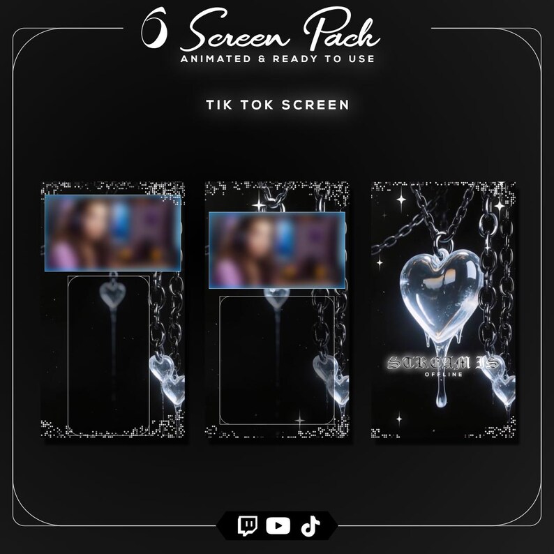 Vertical 9:16 mobile stream screens featuring a large transparent silver heart hanging on dark chains with glowing gothic accents.