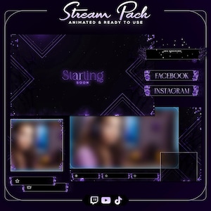 May include: A digital stream pack in dark purple and black. It features animated elements and ready-to-use graphics, including social media buttons, a "Starting Soon" screen, and a "New Subscriber" alert. Designed for streamers, it's ready to use.