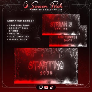 May include: A digital graphic pack with six animated screens for streaming. The screens feature a dark red and black color scheme with white text. The text includes "Starting Soon," "Stream is Offline," and "Be Right Back."