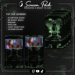 Peut inclure: Un pack d'écrans d'art numérique vert foncé avec des éléments animés. Le texte comprend "6 Screen Pack" et "Animated & Ready to Use". Le pack comprend des écrans pour "Starting Soon", "Be Right Back", "Ending", "Offline", "Just Chatting" et "Intermission".