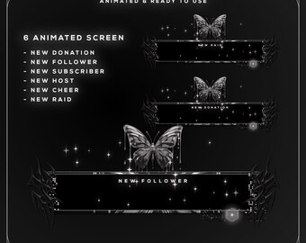 Twitch Alerts Overlay Pack | 6 Animated Silver Chrome Butterfly Alerts | Dark Y2K Alerts Stream pack | YouTube, Twitch