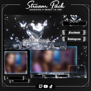 May include: A digital stream pack with a dark, elegant design. The pack includes animated overlays, a heart-shaped centerpiece, butterflies, and social media buttons. The text "Stream Pack" and "Animated & Ready to Use" are displayed at the top.