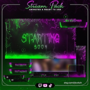 May include: A digital stream pack in neon green and purple. The words "Stream Pack" and "Animated & Ready to Use" are at the top. The words "Starting Soon" are in the centre. Social media icons and text are at the bottom of the image.