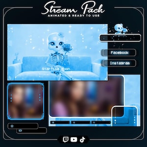 May include: A blue-toned Stream Pack design with animated elements. The design features a skeleton character holding a rose, with text that reads "Starting Soon." Social media icons and text boxes are also included.
