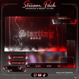 Könnte beinhalten: Ein digitales Stream-Paket mit einem dunkelroten und schwarzen Design und leuchtenden, blitzartigen Mustern. Der Hauptbildschirm zeigt den Text Starting SOON in einer gotischen Schriftart. Enthält Overlays für New Subscriber, Facebook und Instagram.