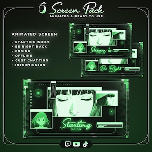 May include: A green animated screen pack with six different designs for streaming. The designs include screens for starting soon, be right back, ending, offline, just chatting, and intermission. Each screen features anime-style graphics and text.