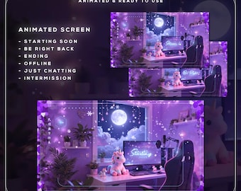 6 Animated Stream Screens Pack Cozy Purple Night | Starting Soon BRB Offline Backgrounds | Lofi Bedroom Unicorn OverlayOBS
