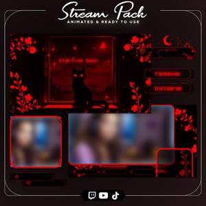 May include: A black and red animated stream pack with a cat silhouette, floral accents, and social media icons. The pack includes a "Starting Soon" screen and social media buttons for Facebook and Instagram. The text "Stream Pack" is at the top.