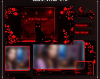 May include: A black and red animated stream pack with a cat silhouette, floral accents, and social media icons. The pack includes a "Starting Soon" screen and social media buttons for Facebook and Instagram. The text "Stream Pack" is at the top.
