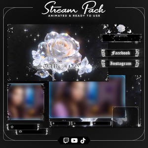 Puede incluir: Un paquete de transmisión digital con un fondo negro, con una rosa brillante y mariposas. El paquete incluye elementos animados e iconos de redes sociales para Facebook, Instagram y otras plataformas. El texto incluye "Stream Pack" y "Animated & Ready to Use."