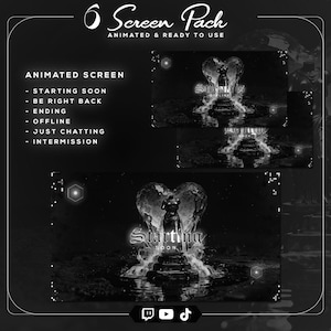 Animated Stream Screens 6-Pack | Gothic Ice Black & White | Starting Soon, BRB, Offline, Ending | Twitch, YouTube, OBS | Goth