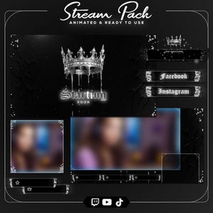 May include: A black and silver animated stream pack with a crown design. The pack includes overlays for "Starting Soon", social media, and subscriber alerts. The pack is ready to use and features a dark, elegant aesthetic.