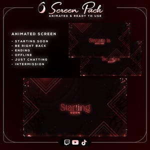 Peut inclure: Un pack d'écrans animés rouge foncé avec des motifs géométriques et le texte "6 Screen Pack" et "Animated & Ready to Use". Le pack comprend des écrans pour "Starting Soon", "Be Right Back", "Ending", "Offline", "Just Chatting" et "Intermission".