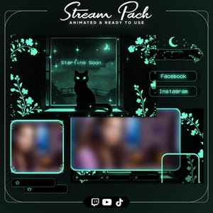 May include: A digital stream pack with a dark teal and black color scheme. The design includes a silhouette of a cat, floral accents, and social media icons. Text includes "Stream Pack" and "Starting Soon."