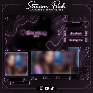 Op de afbeelding: Een digitaal stream-pakket met een donker thema en gloeiende paarse neon-omlijningen. Bevat een Starting Soon-scherm, social media-panelen voor Facebook en Instagram, webcamframes en iconen voor Twitch, YouTube en TikTok.